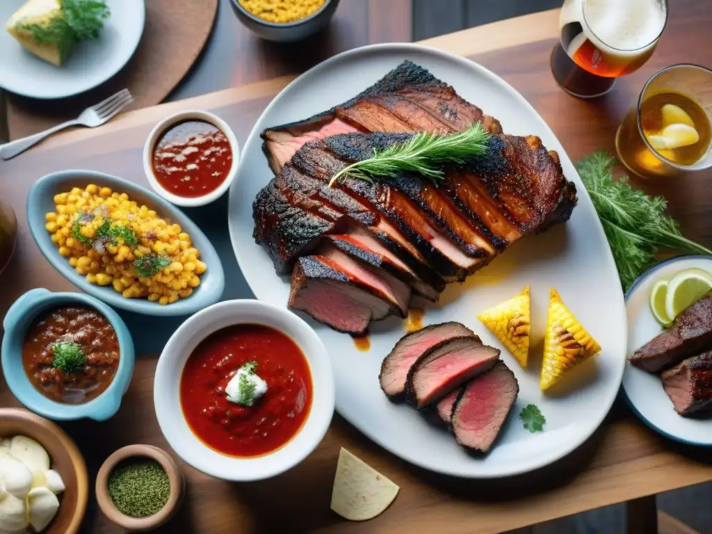 Una irresistible escena de maridaje: asado uruguayo y cervezas artesanales en una mesa rústica