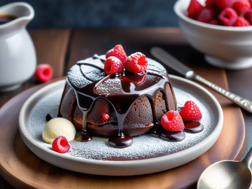 Irresistible lava cake con salsa de chocolate, frambuesas frescas y helado de vainilla en plato rústico