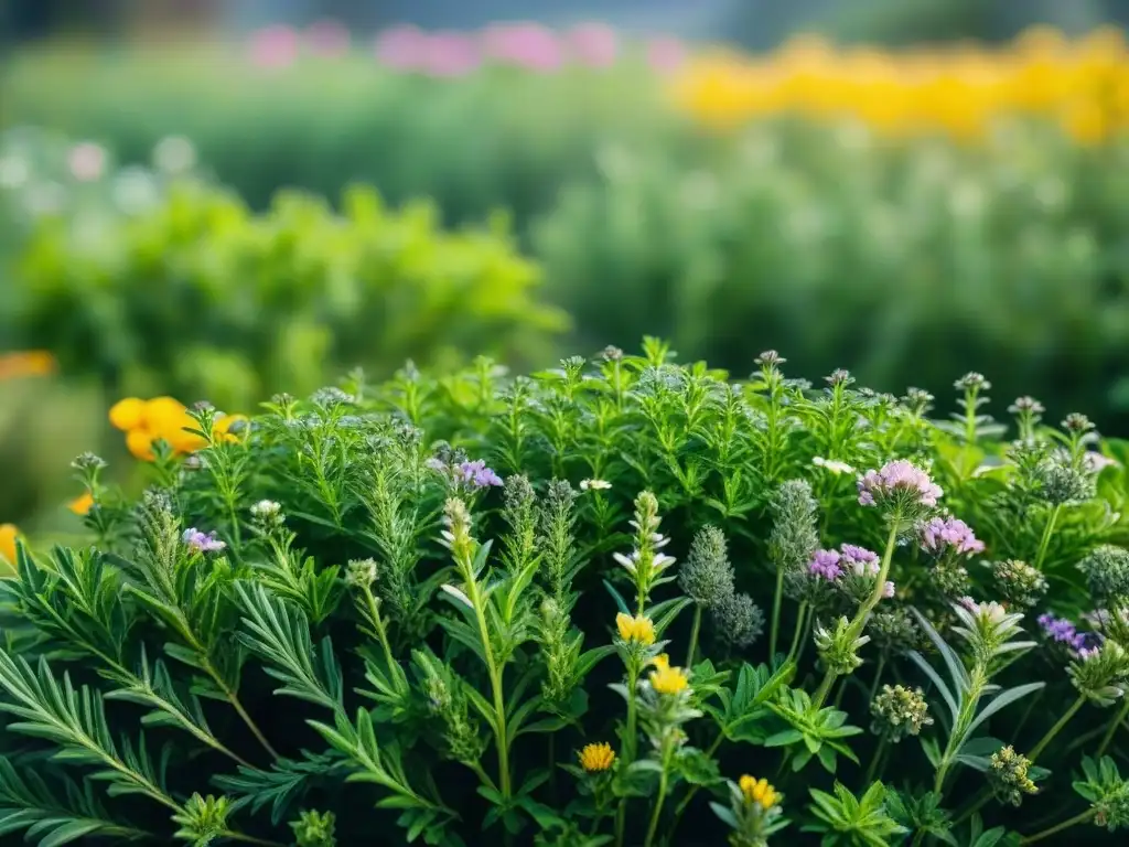 Un jardín de hierbas vibrante con romero, tomillo, salvia y orégano