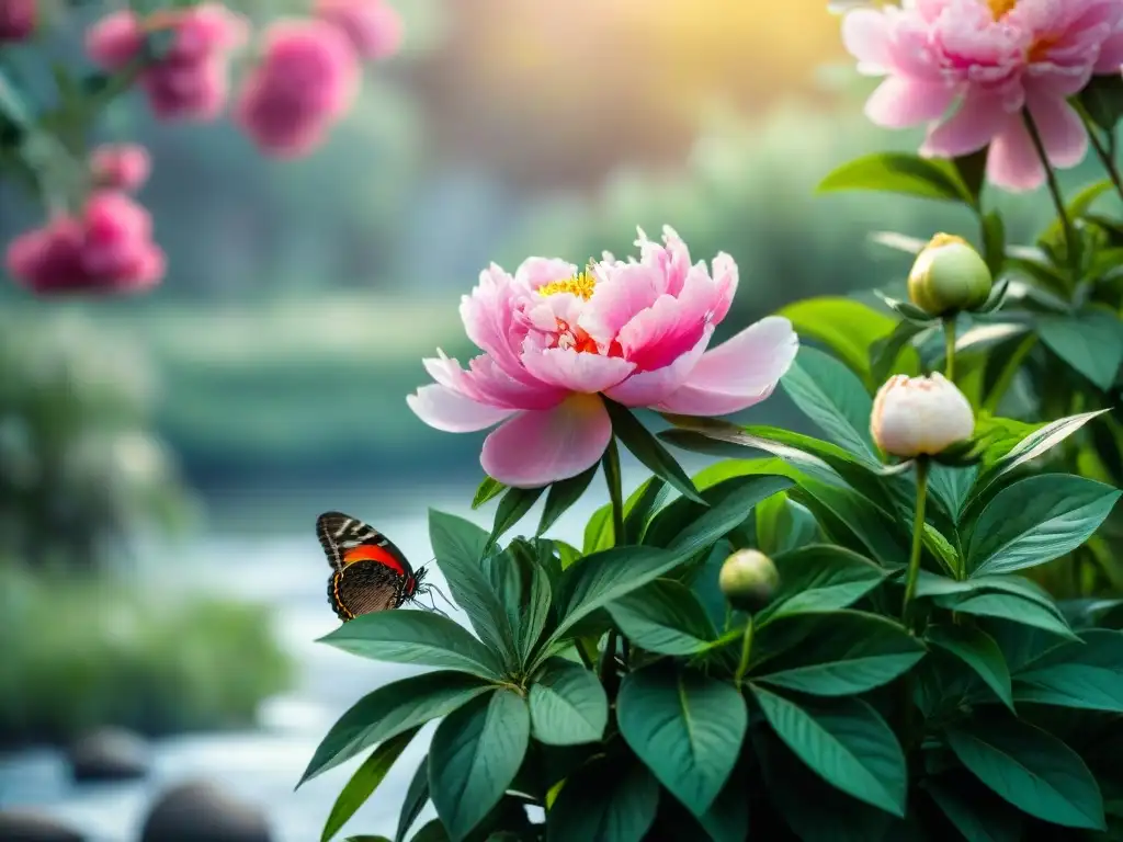 Un jardín sereno con flores coloridas, un arroyo y una mariposa en una peonía rosa vibrante