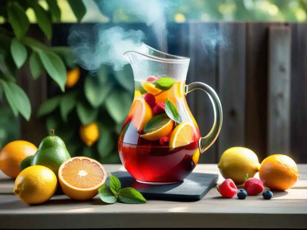 Una jarra rebosante de sangría casera con frutas frescas, en un asado al aire libre con amigos, bañado por luz cálida