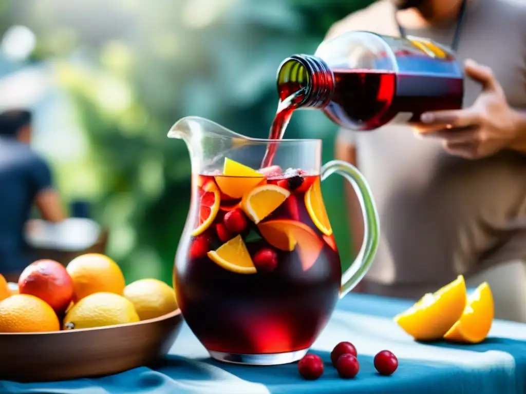 Una jarra de sangría casera para asados, rebosante de frutas y hielo, en una reunión al aire libre en verano