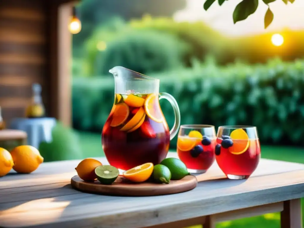 Una jarra vibrante rebosante de sangría casera rodeada de frutas, en una mesa de jardín con amigos felices al fondo