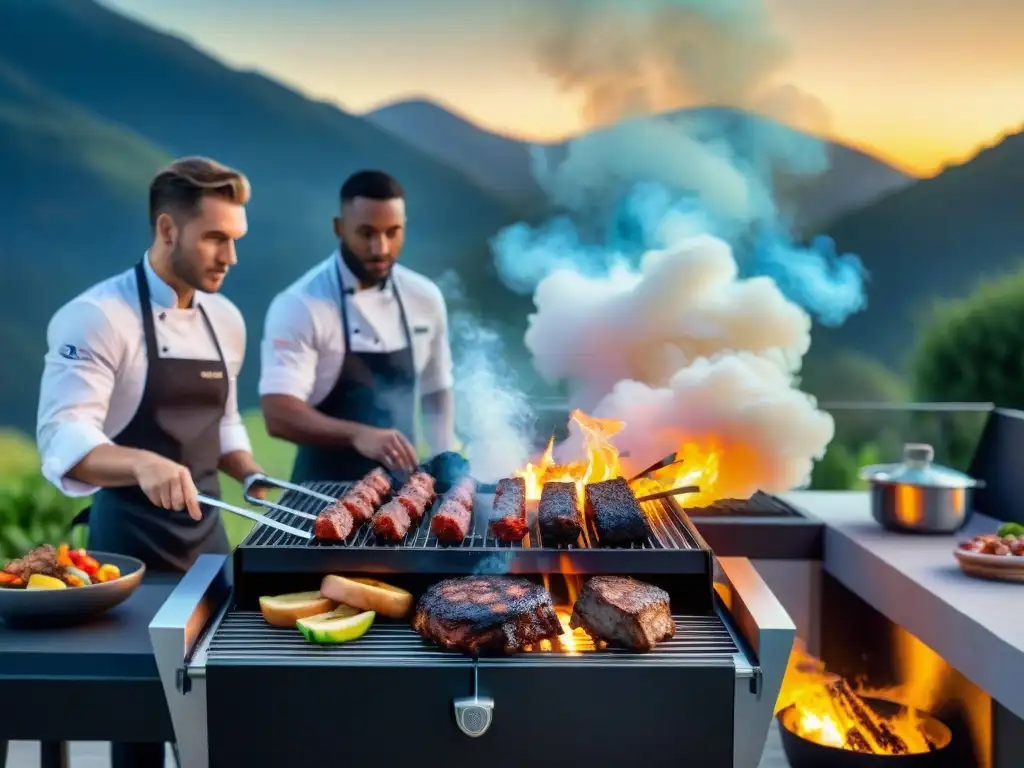 Jóvenes chefs innovan en tradición del asado con técnicas vanguardistas y herramientas modernas en una parrillada al atardecer