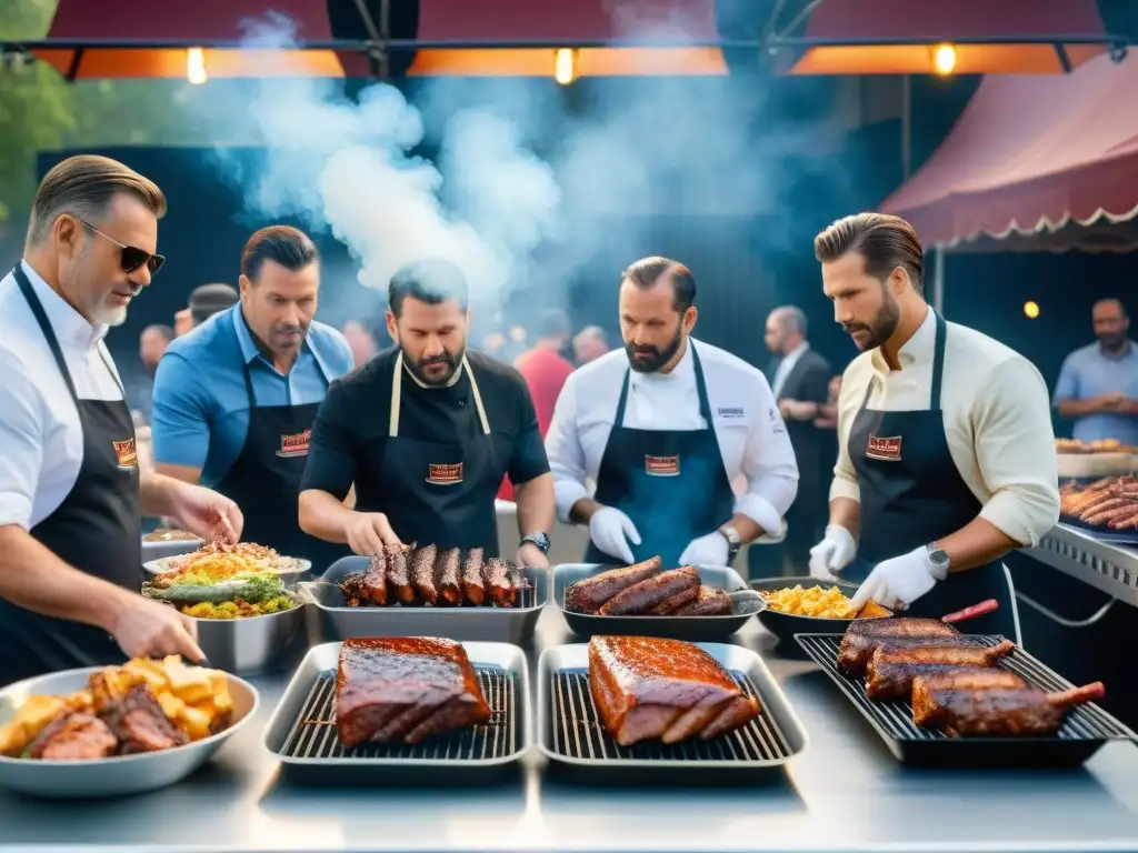 Jueces evaluando platos de asado en competencia, mostrando concentración y precisión