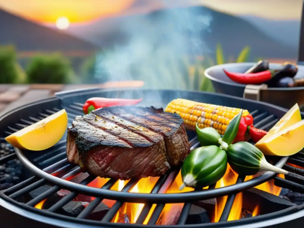 Una jugosa Corte Punta de Espalda asado en parrilla, con vegetales asados y un atardecer cálido en un ambiente de asado tradicional moderno