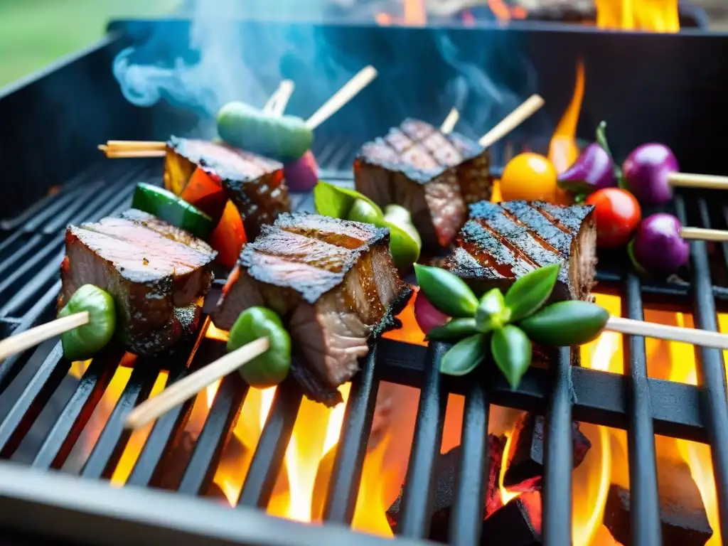 Jugosas brochetas de cordero asado con verduras coloridas, asándose en la parrilla sobre brasas calientes