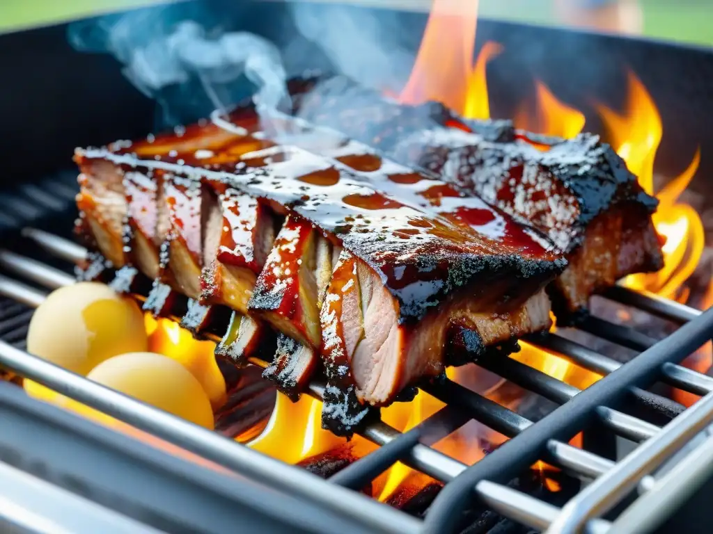 Unas jugosas costillas de cerdo asadas a la parrilla con miel y mostaza, caramelizadas a la perfección