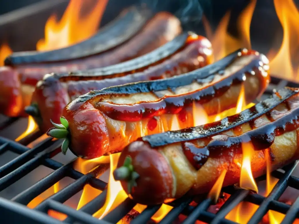 Jugoso chorizo parrillero en la parrilla con caramelización crujiente y colores vibrantes