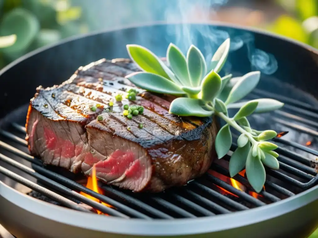 Un jugoso filete a punto sobre la parrilla, con termómetro digital y vegetales frescos