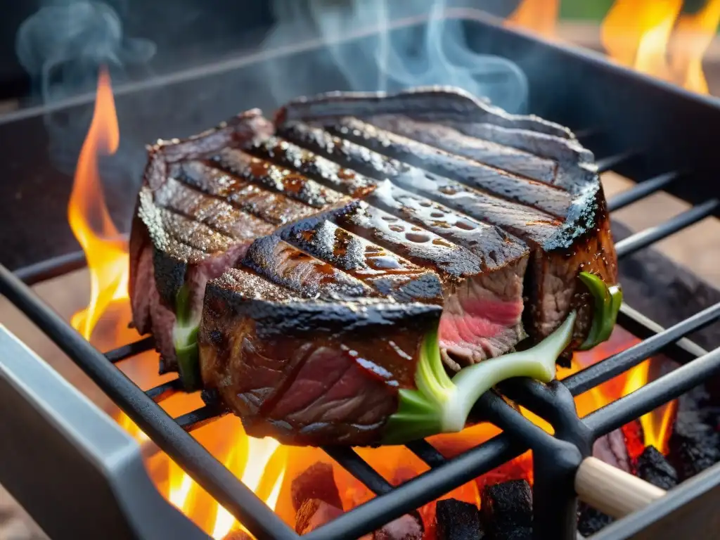 Jugoso steak en parrilla de hierro fundido, con marcas de grill y humo aromático, resaltando la durabilidad del material