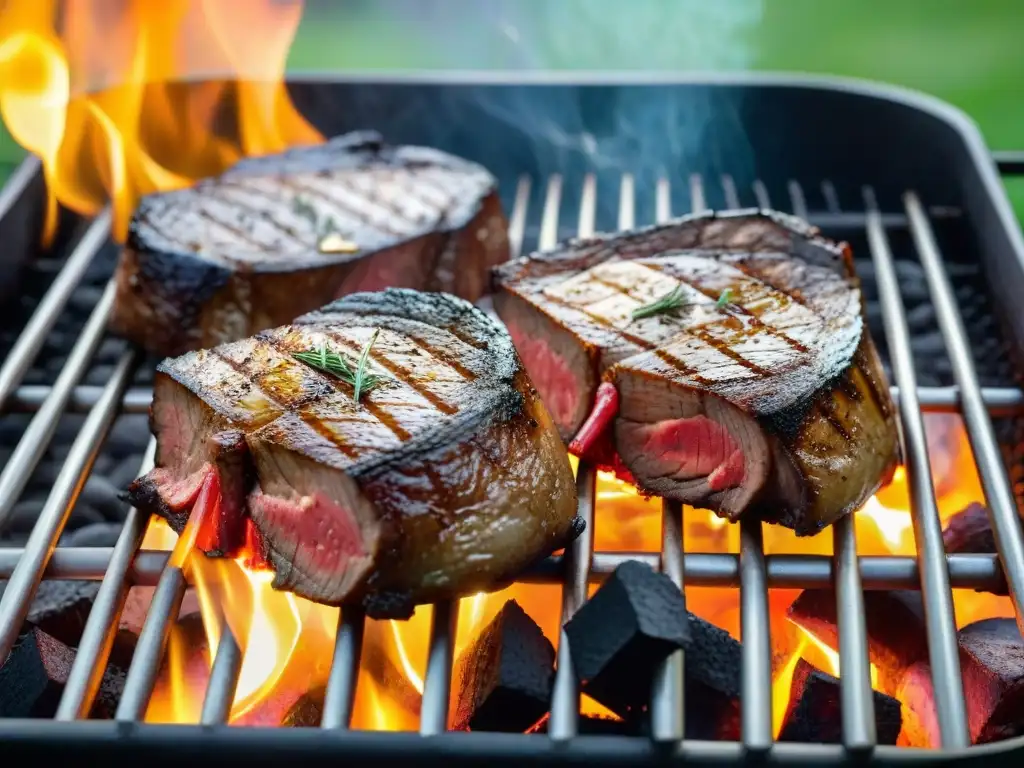 Dos jugosos filetes en la parrilla: uno cocinado con carbón y el otro con gas, creando debate sobre el mejor tipo de parrilla para el sabor