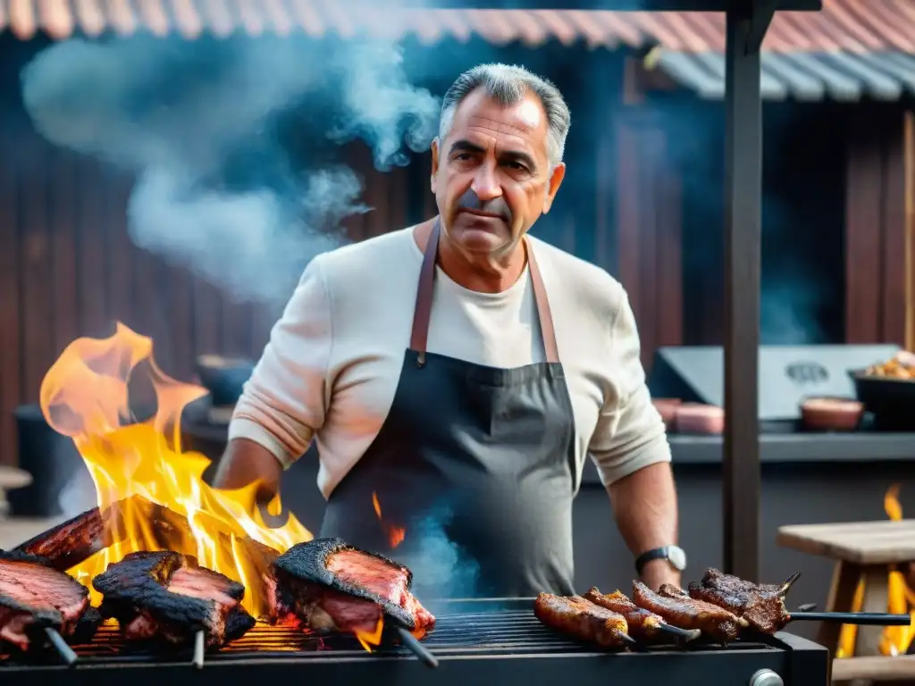 Julio, un hombre de mediana edad, contempla el asado uruguayo superior mientras el humo se eleva a su alrededor