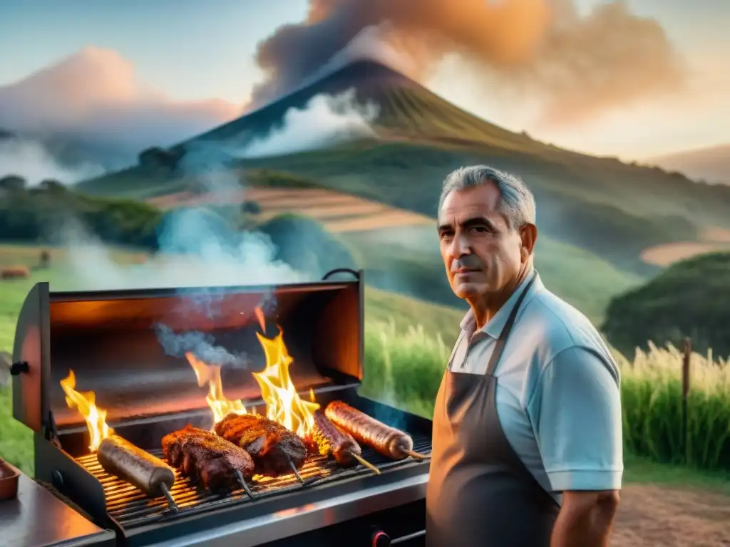 Julio, hombre sabio, frente a parrilla uruguaya con carne, paisaje campestre al atardecer