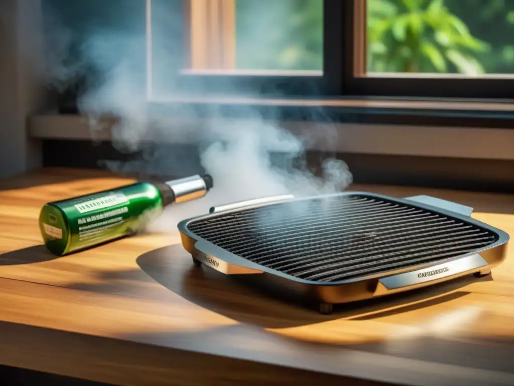 Kit de limpieza premium para asados en una parrilla reluciente sobre mesa de madera, con sol filtrándose por la ventana