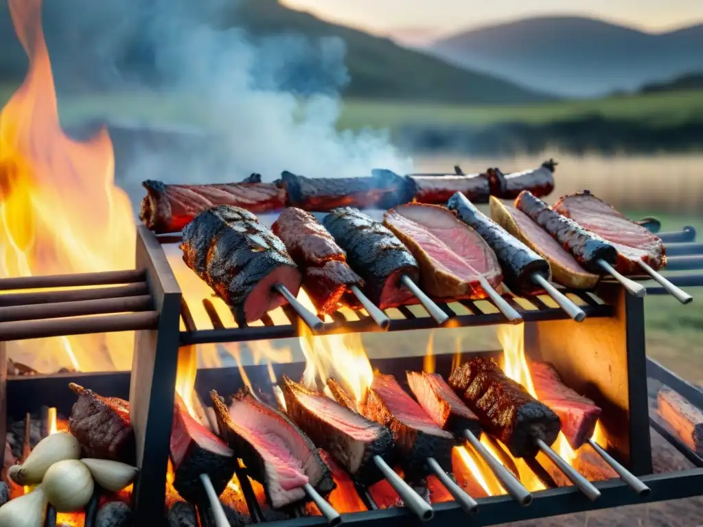 Celebra el lanzamiento producto estilo asado uruguayo con amigos y familia alrededor de una parrilla en el campo