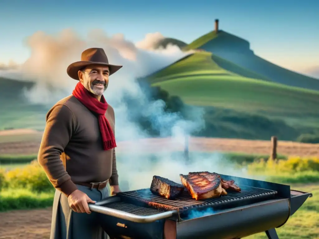 El Poeta del Asado: Pasión en la Parrilla Uruguaya El legendario asador Ernesto, Poeta del Asado, orgulloso junto a una parrilla gigante en el campo uruguayo al atardecer