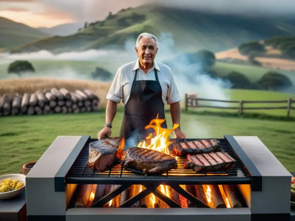 La leyenda Francisco Maestro Asado Uruguayo junto a la parrilla gigante y su arte culinario en paisaje campestre