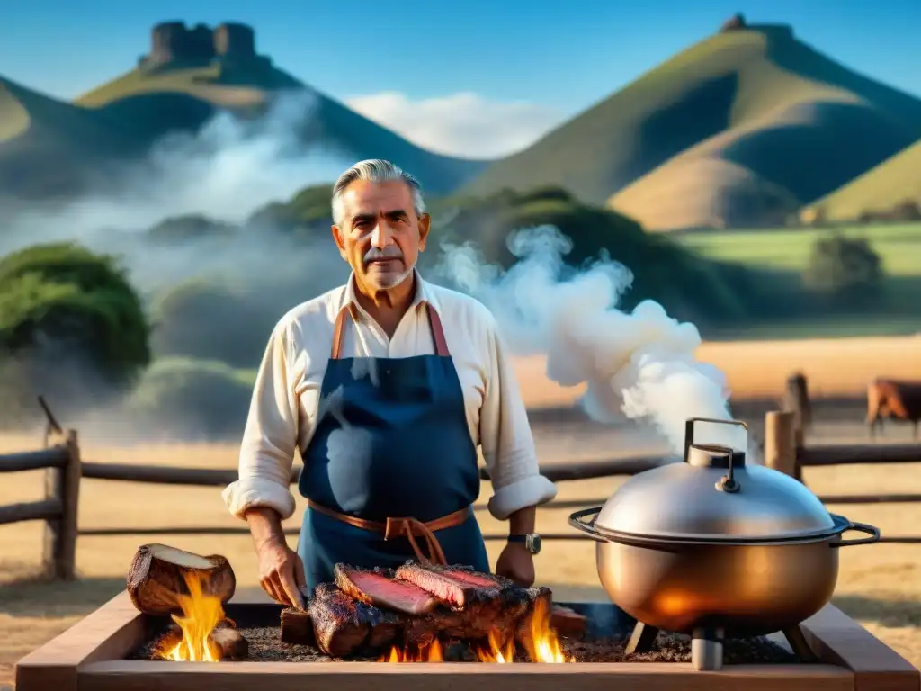 Leyenda Francisco Maestro Asado Uruguayo: Francisco el Maestro junto al fuego, cortes de carne y paisaje campestre