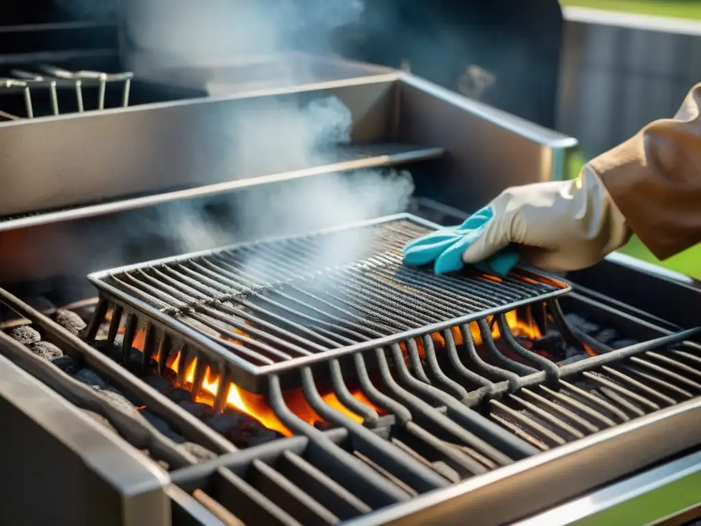 Limpieza profunda de asador: eliminando la grasa con determinación bajo la cálida luz del sol