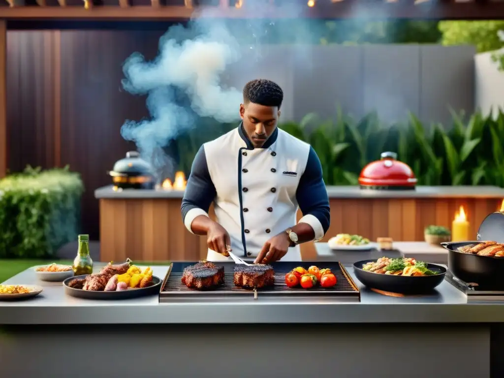 Una lujosa cocina al aire libre con parrilla de alta gama asado, rodeada de elegancia y naturaleza exuberante