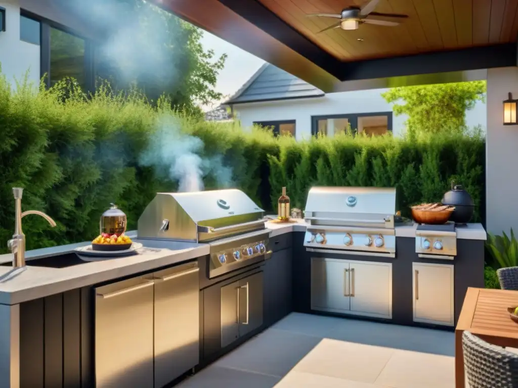 Una lujosa terraza al aire libre con parrillas de alta gama, creando una experiencia de asado perfecta