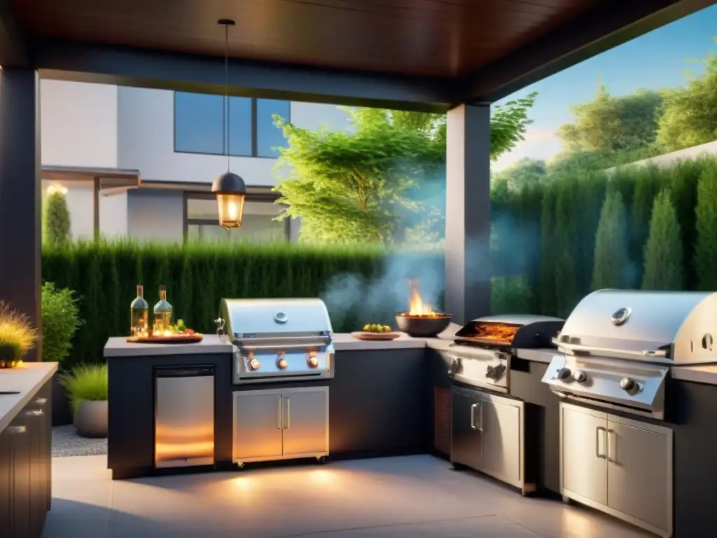 Una lujosa terraza con una innovación en parrillas de asado de alta gama, rodeada de elegancia y sofisticación