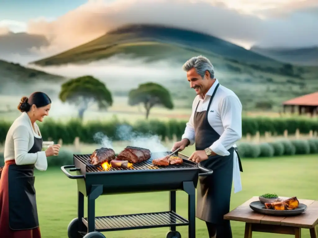 Un lujoso asado uruguayo en una estancia de lujo con aroma tentador, invitando a una experiencia culinaria única