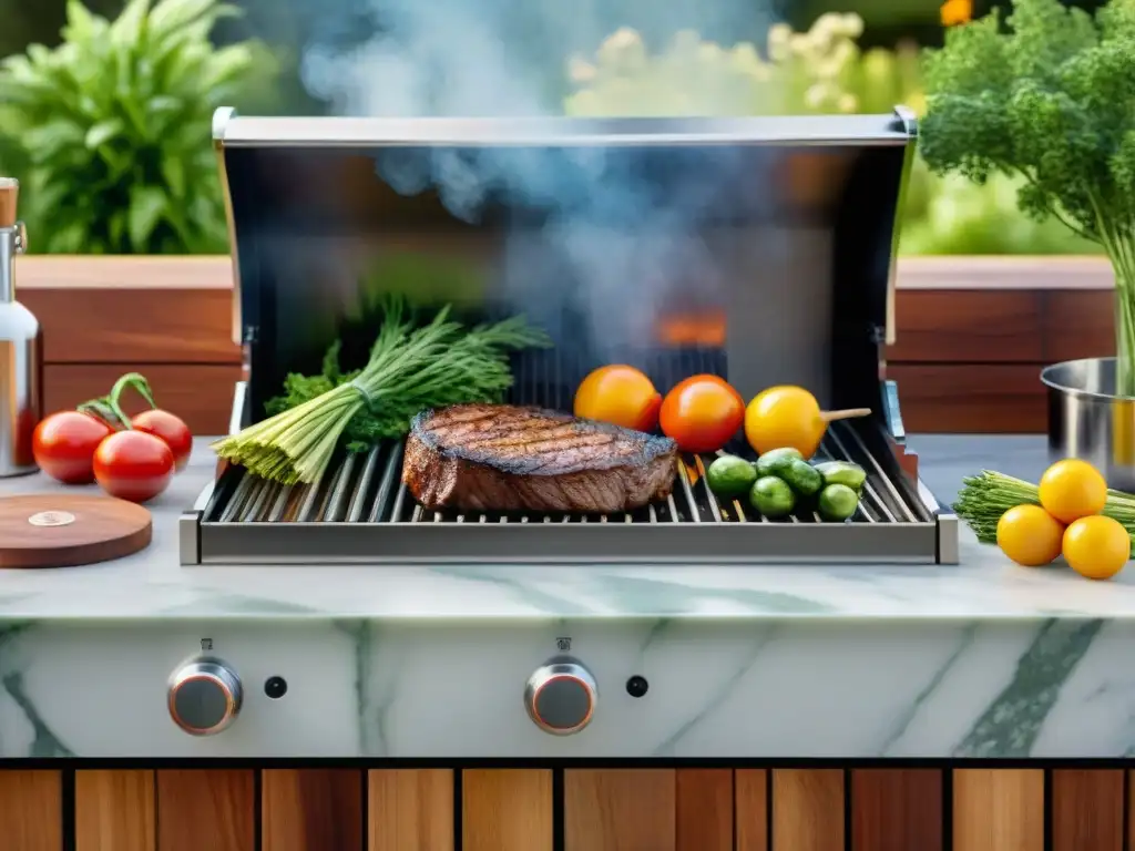 Un lujoso kit de limpieza premium para asados brilla en una estación de parrilla de madera en un exuberante jardín