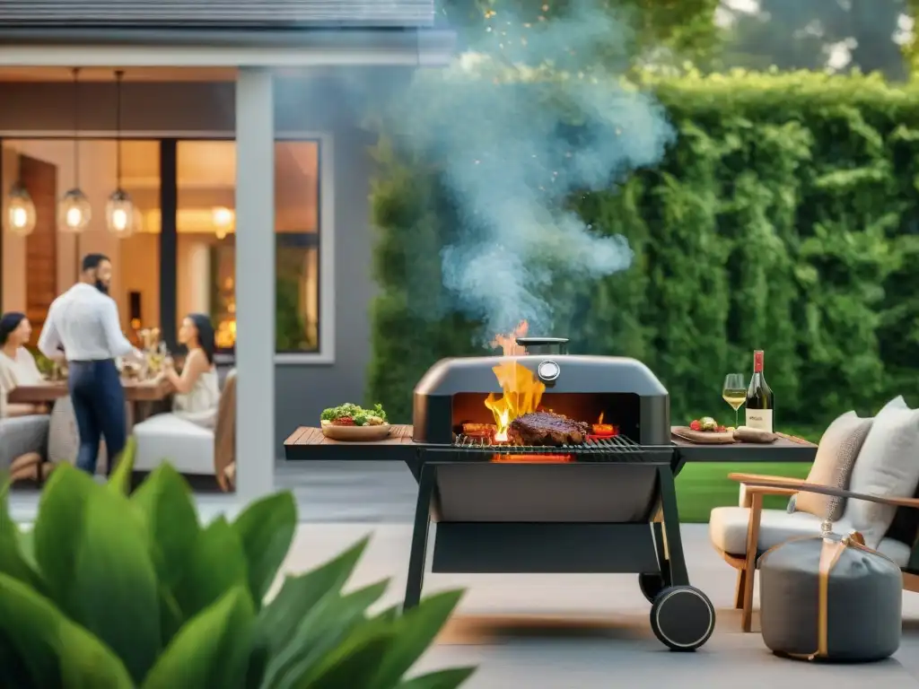 Un lujoso patio trasero con parrilla de carbón rodeada de muebles elegantes y exuberante vegetación