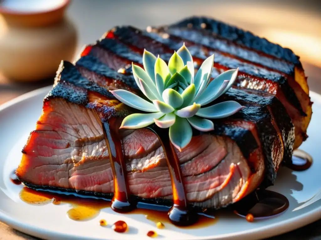 Una macrofotografía detallada de un asado uruguayo, capturando la textura de la carne jugosa y crujiente