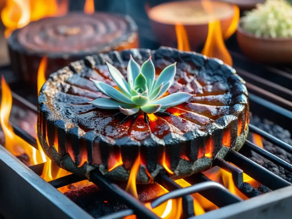 Macrofotografía de textura asado uruguayo: Jugoso trozo de carne asándose en la parrilla, con bordes caramelizados y fuego