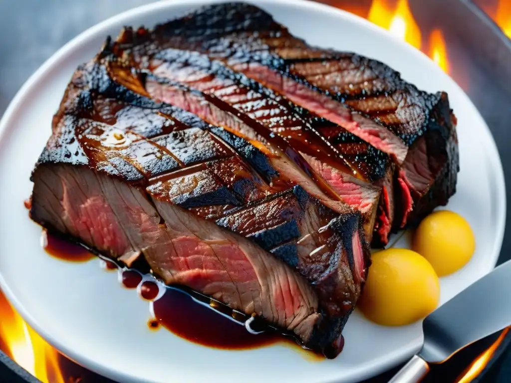 Una macrofotografía que captura la textura de un delicioso asado uruguayo, con detalles de asado perfecto