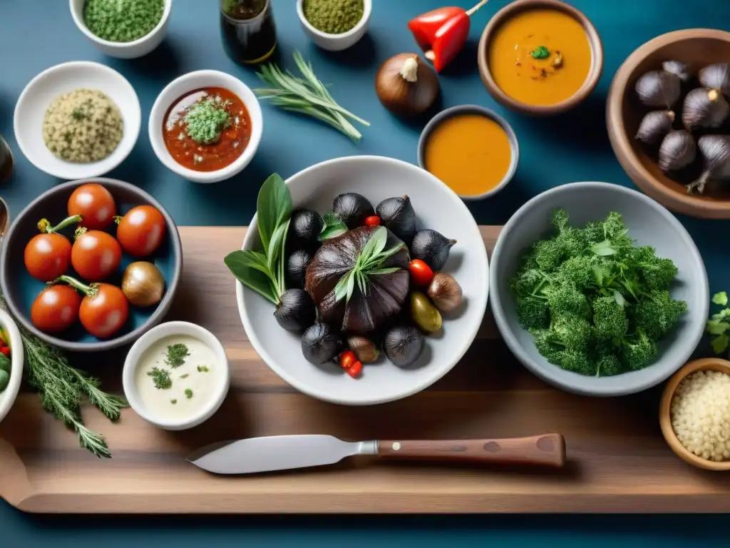 Mesón de madera rústico con salsas para asado uruguayo casero en cerámica artesanal y verduras frescas