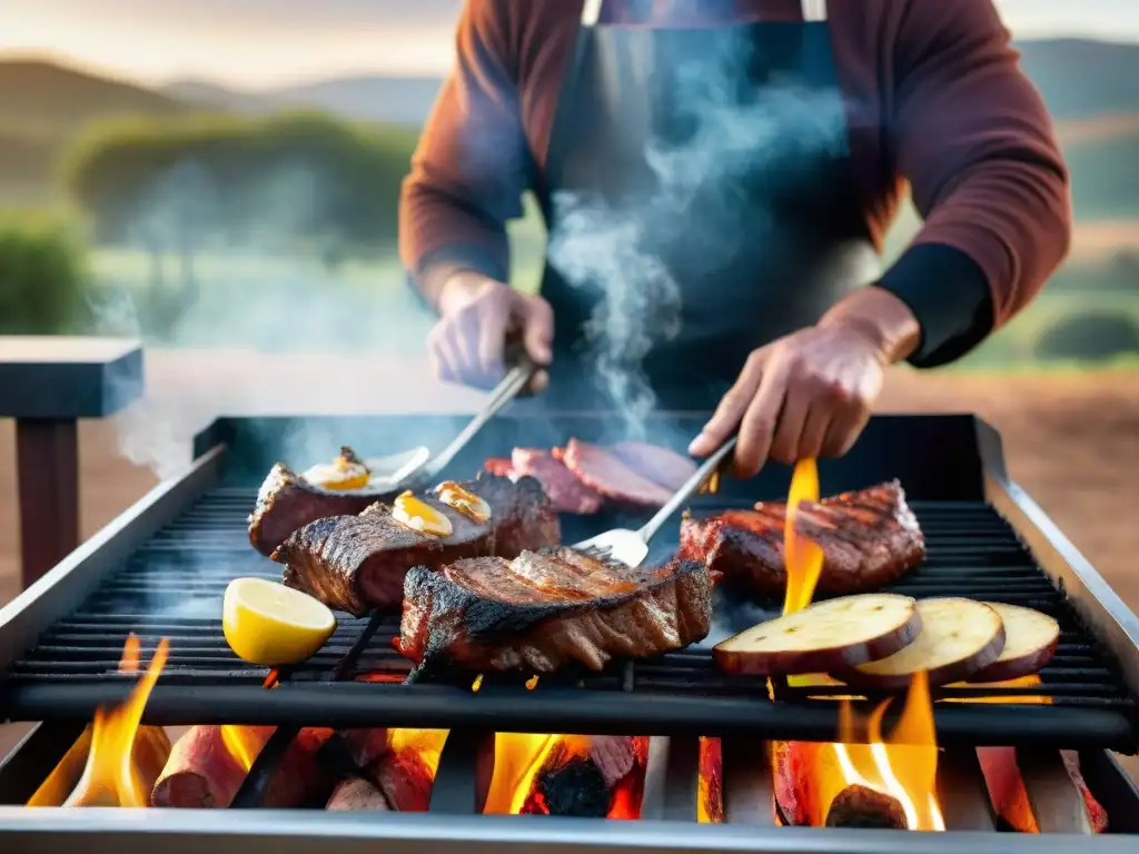 Maestría en el asado uruguayo: un parrillero experto cocina carnes a la parrilla al atardecer en el campo