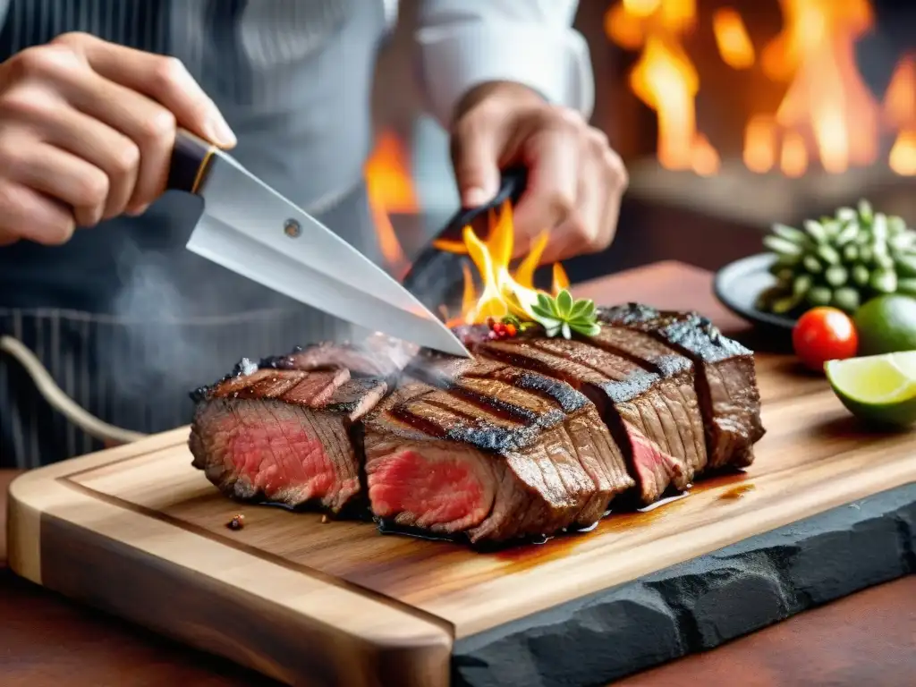 Un maestro del asado uruguayo cortando con precisión un suculento churrasco a la parrilla, demostrando técnicas avanzadas