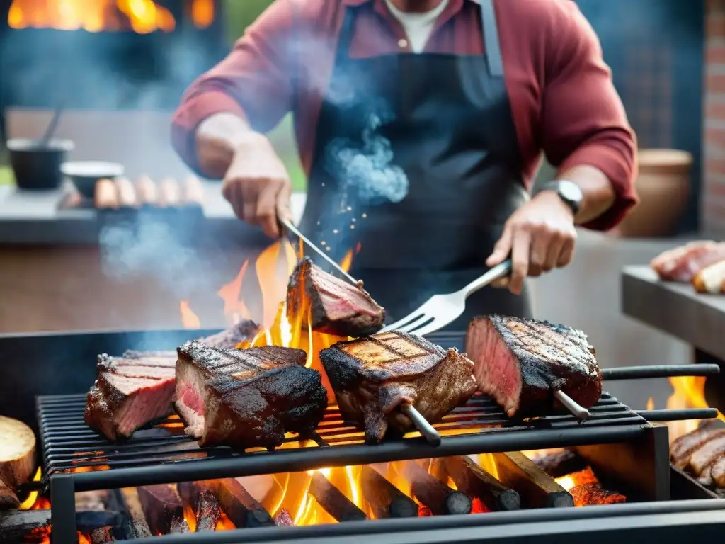 Maestro asador sazona y asa carne jugosa sobre llamas, en un entorno de barbacoa rústica al atardecer