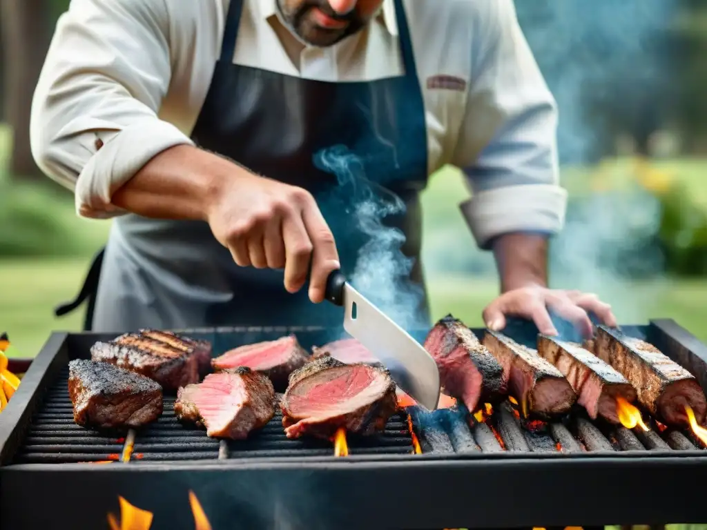 Un maestro asador prepara un asado uruguayo tradicional, con cortes de carne y herramientas de parrilla, en un entorno natural