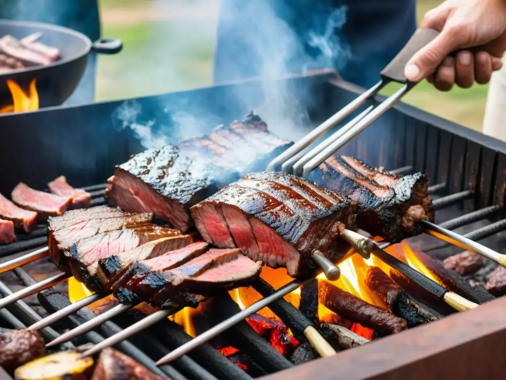 Un maestro asador maniobrando carnes sobre parrilla en tradicional quincho uruguayo, historia asado uruguayo tradición