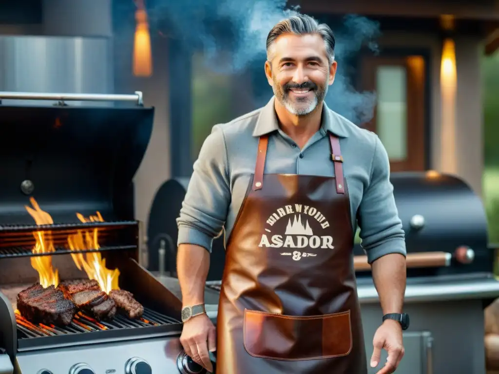 Un maestro asador con delantal de cuero personalizado, atendiendo la parrilla con pasión y precisión en un entorno rústico