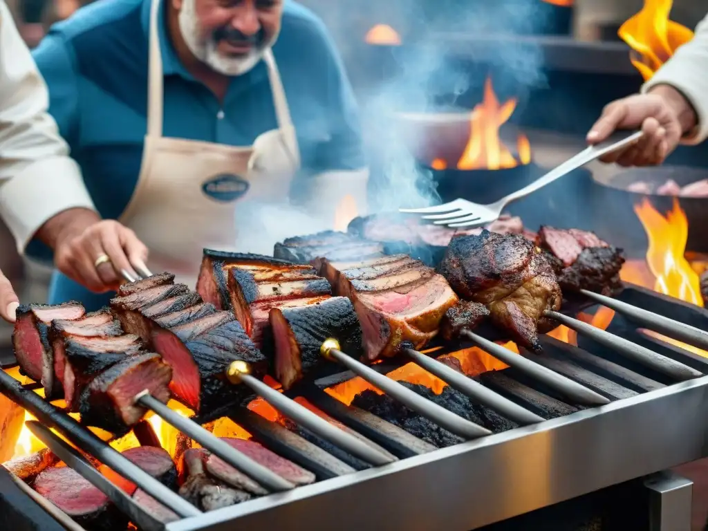 Maestro asador experto cortando un asado uruguayo perfectamente cocido en una parrilla tradicional, certificaciones en asado uruguayo