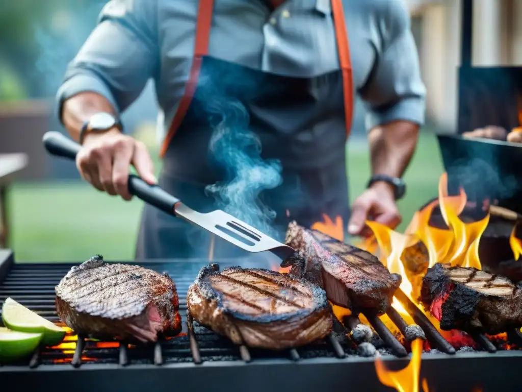 Maestro asador experto con las mejores herramientas, cocinando a la parrilla con precisión y maestría