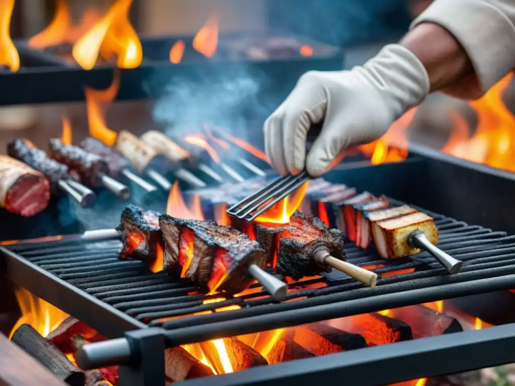 Un maestro asador experto en técnicas avanzadas de asado uruguayo maniobrando brasas en una parrilla tradicional