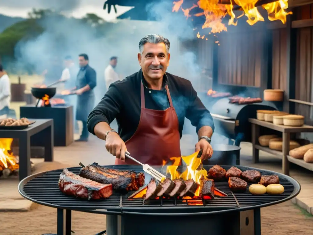 Maestro asador Rodrigo frente a parrilla uruguaya tradicional, fusionando historia, tradición e innovación en el arte del asado