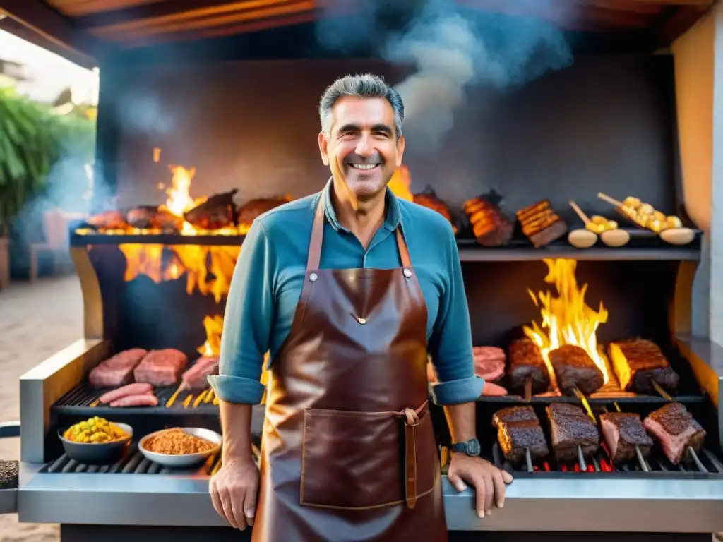 Eduardo, maestro asador, junto a su parrilla de leña, en cocina al aire libre uruguaya