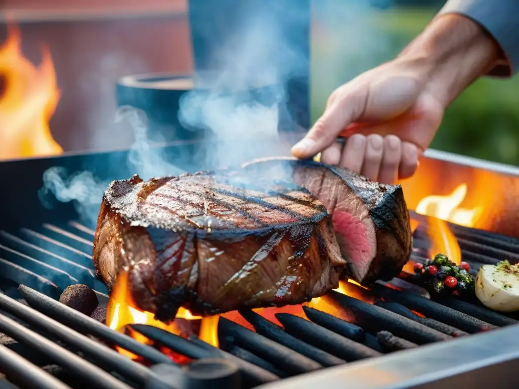 Un maestro asador profesional sazona un suculento filete con una mezcla de especias, bajo la cálida luz del atardecer