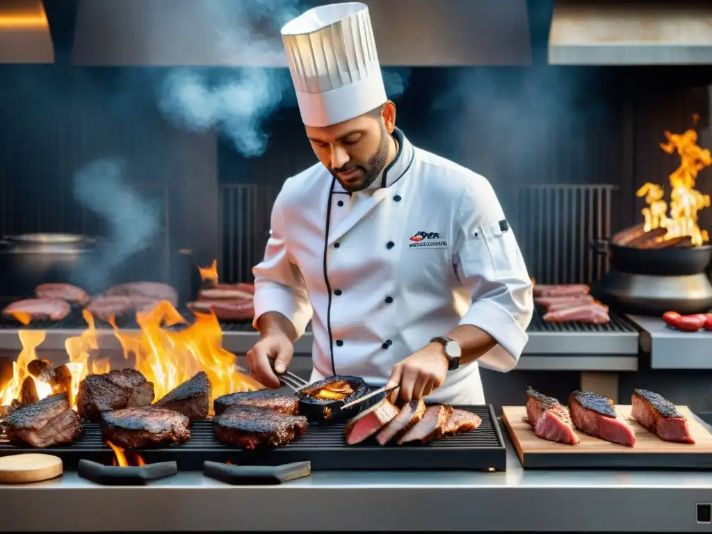 Un maestro asador profesional asando una variedad de carnes en una parrilla gigante, mostrando los secretos de los asadores expertos