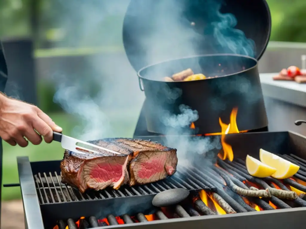 Un maestro asador sazona con pasión un suculento filete mientras las costillas doradas se cocinan lentamente sobre brasas