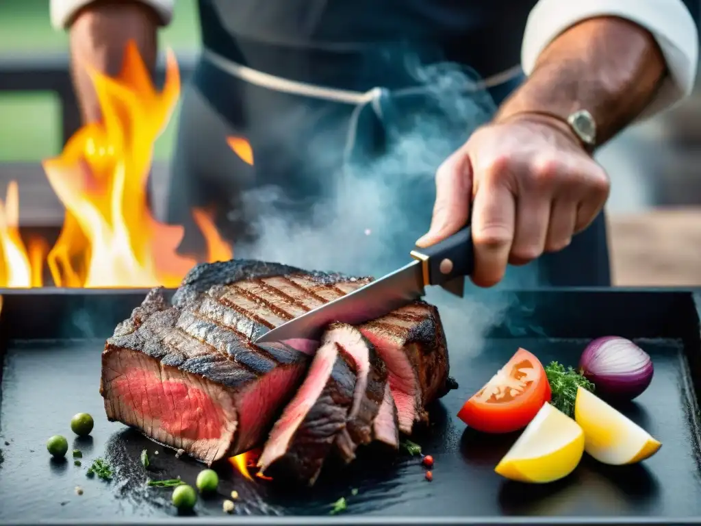 Un maestro asador cortando expertamente un suculento steak a la parrilla, demostrando la importancia de un mejor afilador cuchillos asadores