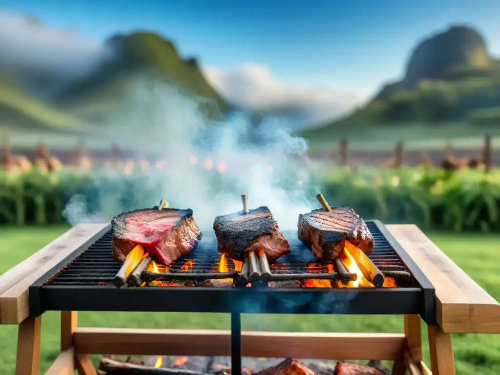 Maestro asador uruguayo preparando un asado sobre fuego abierto para eventos corporativos